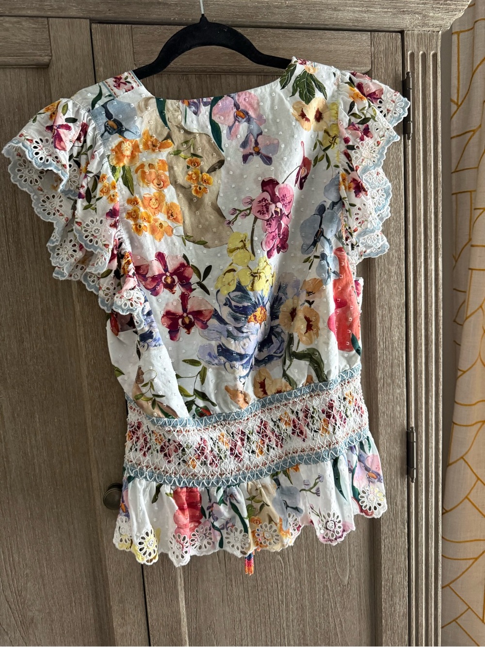 FARM Rio Greek Garden Swiss Dot Eyelet Smocked Peplum Blouse - Picture 7 of 8